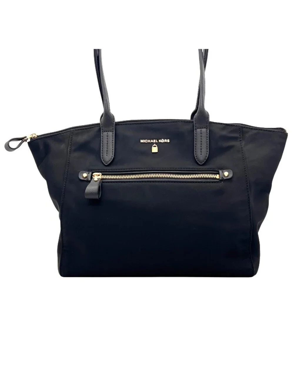 Michael Kors Kelsey Black Medium Nylon Zip Tote Gold Accents & Shoulder Straps